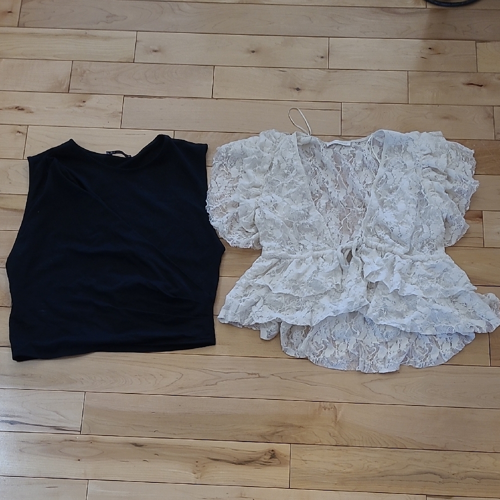 2 Zara Women's Size Small Shirts Black Sleeveless Top and White Lace Top
